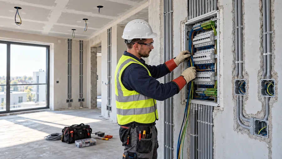 Electrician wiring a distribution board with conduits running along the wall