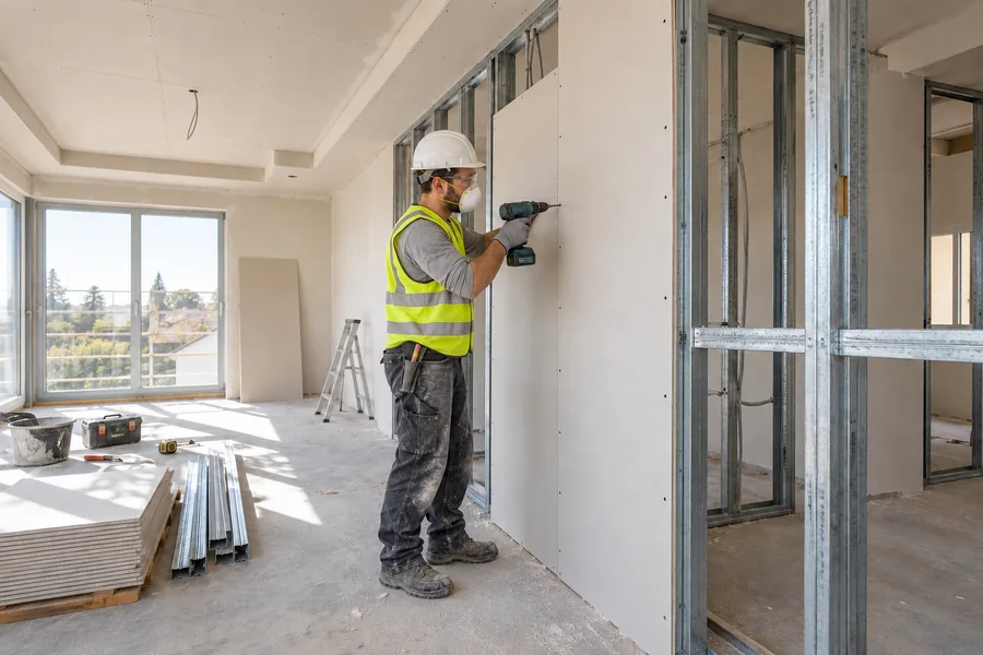 Worker fixing a gypsum board panel to a metal stud partition with a drill