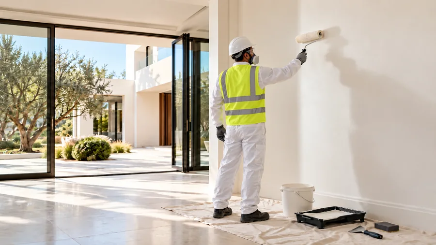 Painter rolling white paint onto an interior wall of a modern villa