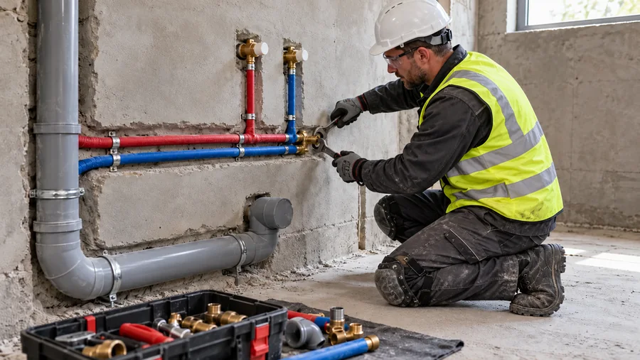 Plumber connecting hot and cold water pipes and a drainage line
