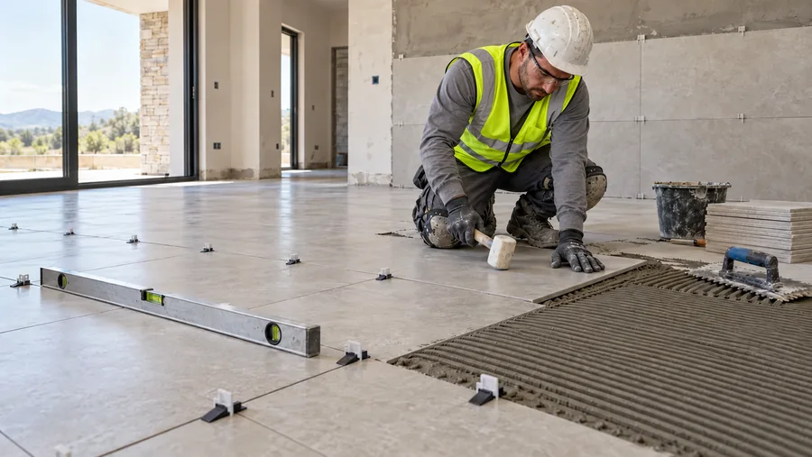 Worker laying large-format floor tiles with levelling spacers and a spirit level